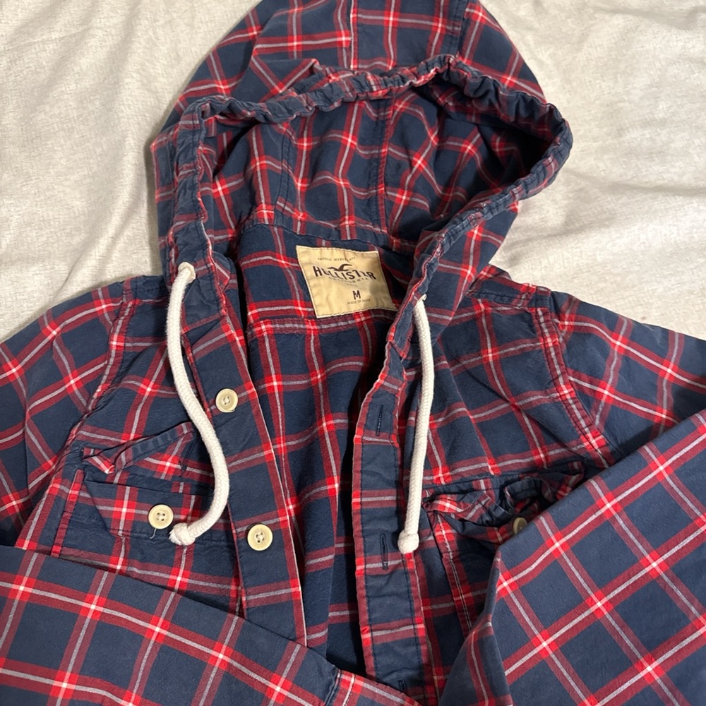 Hollister Navy and Red Plaid Button-Down Shirt with Hood